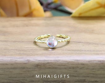 Moonstone Adjustable Silver Ring - CZ Accented Open Band Gemstone Jewelry for Women