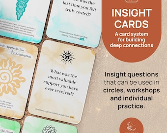 May include: A collection of Insight Cards with various questions and symbols. The cards are arranged on a light brown surface. The text on the cards includes phrases like "When was the last time you felt truly rested?" and "What was the most valuable support you have ever received?"