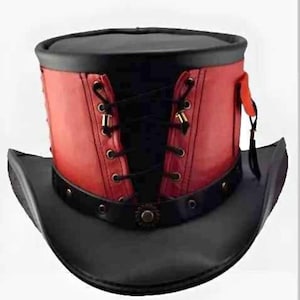 Leather Hat Hand Made Leather Time Traveller Top Hat Steampunk Top Hat Gothic Leather Hat Black & Red Hat Gifts For Men , Gifts For Women