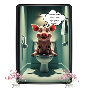 Arte de cerdo de dibujos animados divertido en el inodoro / Arte de pared humorístico de animales de granja / Descarga digital imprimible / Arte de cerdo peculiar / Arte descargable instantáneo