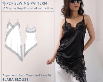 Asymmetric Satin Camisole Sewing Pattern PDF – Lace Trim Cami Top – Beginner Friendly