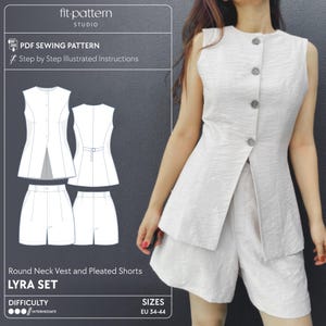 Vest and Shorts PDF Sewing Pattern – Lyra Two Piece Set – DIY Round Neck Top & Pleated Shorts – EU 34–44 – Instant Download – Video tutorial