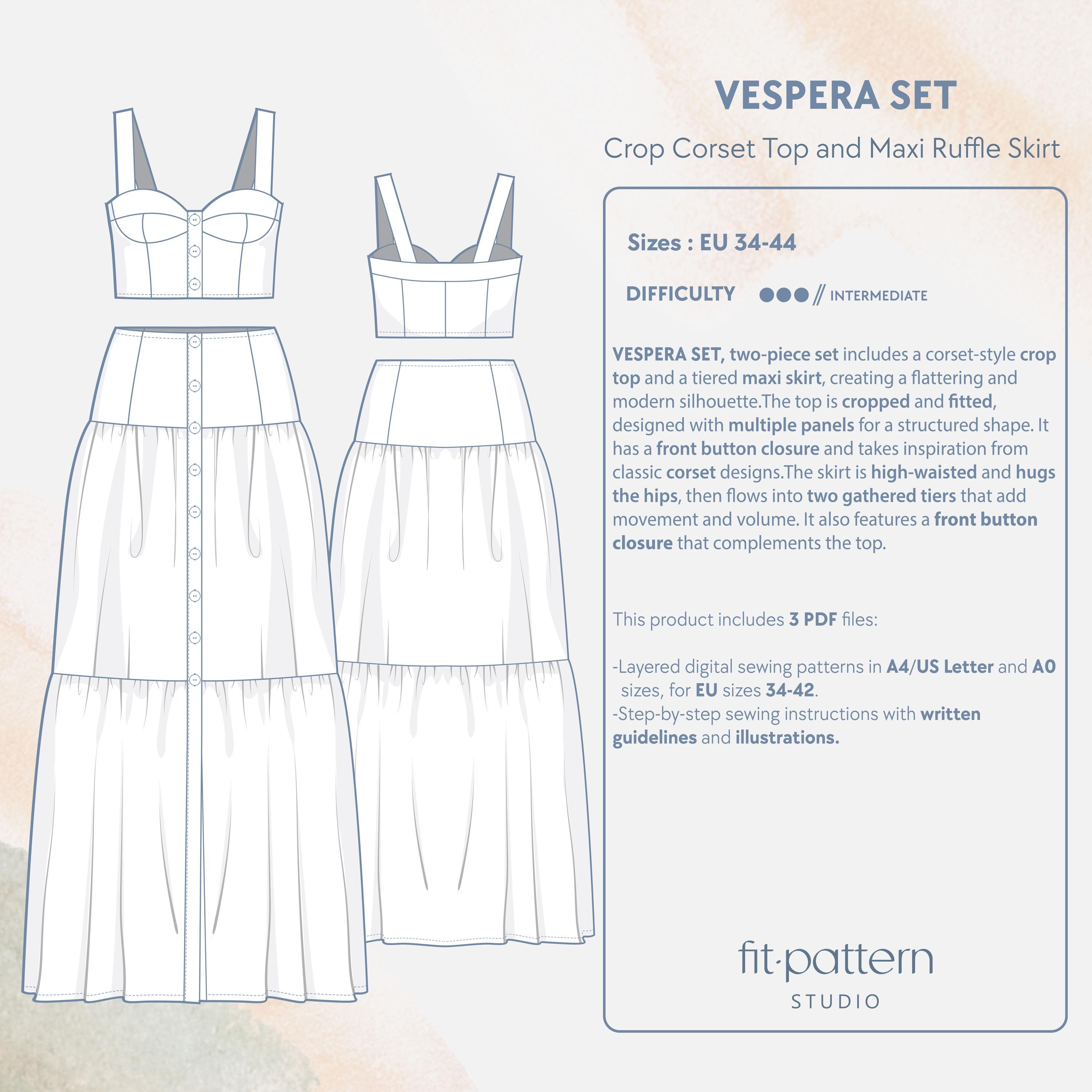 Corset Top and Ruffle Maxi Skirt Sewing Pattern PDF | Women Two Piece ...