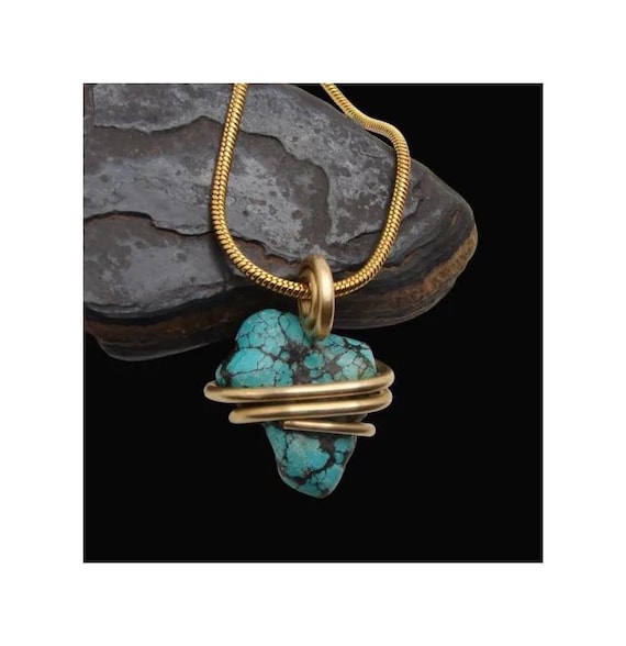 Gorgeous Hand Forged Natural Blue Turquoise Pendant Bronze Merlin's Gold #50-53