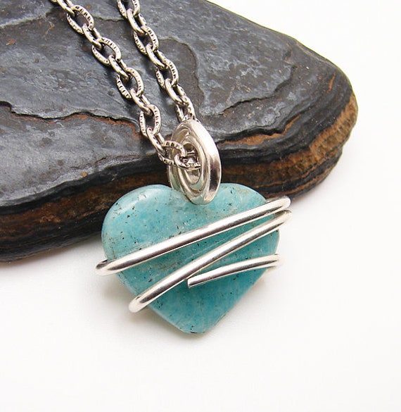 Amazonite Heart Set In Sterling Silver Forged Wrap Pendant 7.9 grams