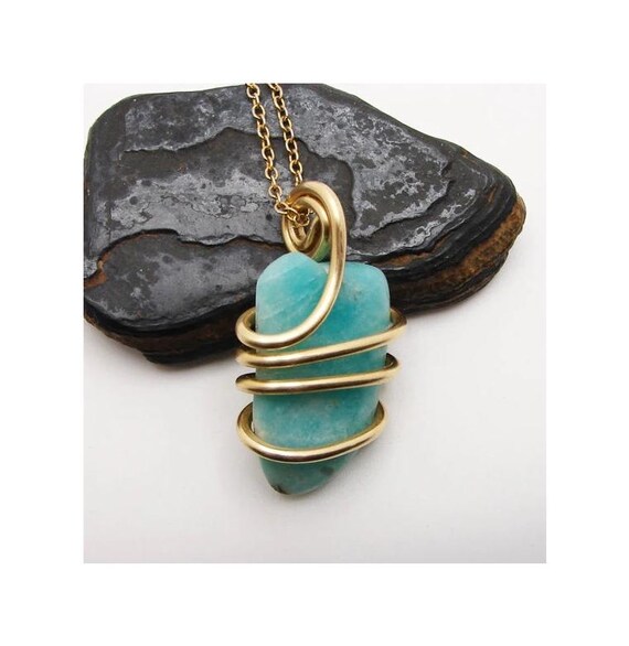 Russian Amazonite Pendant Soviet Union Unique Amazonite Crystal Charm Merlin's Gold Wrap Pendant #50-53 Soviet Union