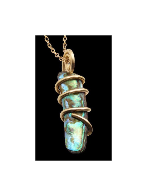 Abalone Blue Shell Pendant in Bronze Gold, Handmade Jewelry Boho Bohemian Mother of Pearl Necklace Abalone Shell Nautical 5053