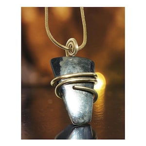 May include: A pendant necklace featuring a dark, irregularly shaped stone wrapped with gold-colored wire. The stone hangs from a delicate gold-colored chain. The pendant has a spiral design at the top where the chain connects.