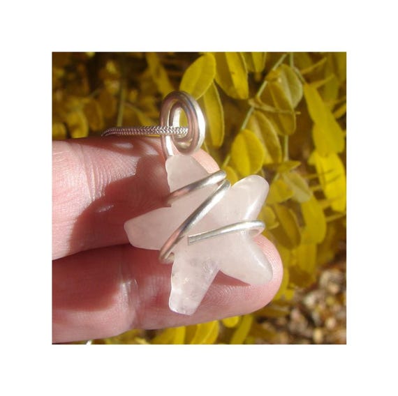 Handmade Jewelry Rose Quartz Love Necklace Pendant, Sterling Silver, Heart Chakra, Crystal Stars, Mozambique Real Crystals Wrapped #12-13