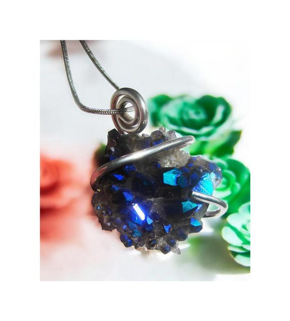 Rainbow Aura Amethyst Cluster Pendant, Titanium Crystals Quartz ('AAA' Grade), Metallic Amethyst .925 Sterling Silver, Crystal #56-58