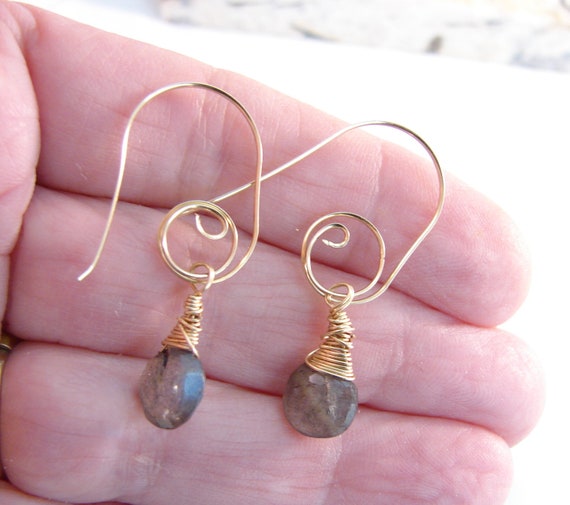 Natural Northern Lights Labradorite Earrings w/ Hand Forged Spiral Hoops, Gemstone Briolettes 14 Kt Gold