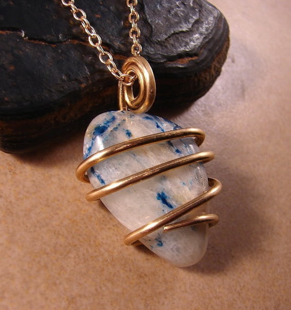 Natural Lazulite Hand Forged Art Wrap Pendant Merlin's Gold #50-51