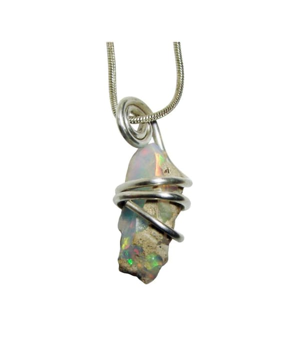 Ethiopian Opal Pendant Necklace, Sterling Raw Opal Necklace, October Birthstone, Rough Ethiopian Opal Pendant Good Luck Charm #25-26