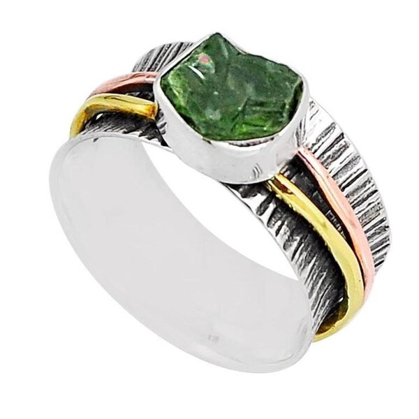 Natural 4.38ct Victorian Moldavite Spinner Ring Rose Gold, Yellow Gold, Sterling Silver