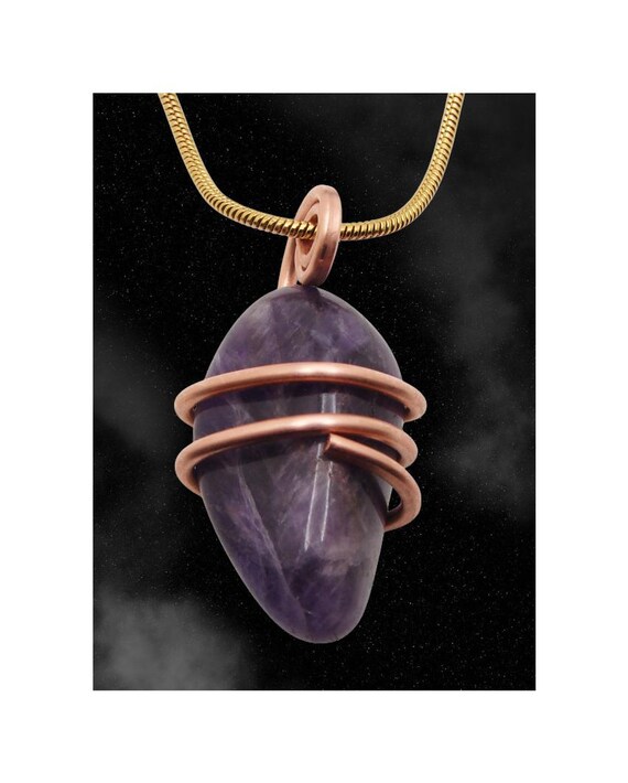 Handmade Crystal Jewelry African Amethyst Pendant Real Crystals Purple Amulet Copper Necklace Purple Crystal February Birthstone #10-14