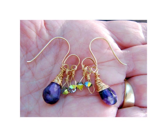 Natural Amethyst Earrings w/ Genuine Swarovski Crystals and Hand Forged Spiral Hoops, Gemstone Briolettes 14 Kt Gold