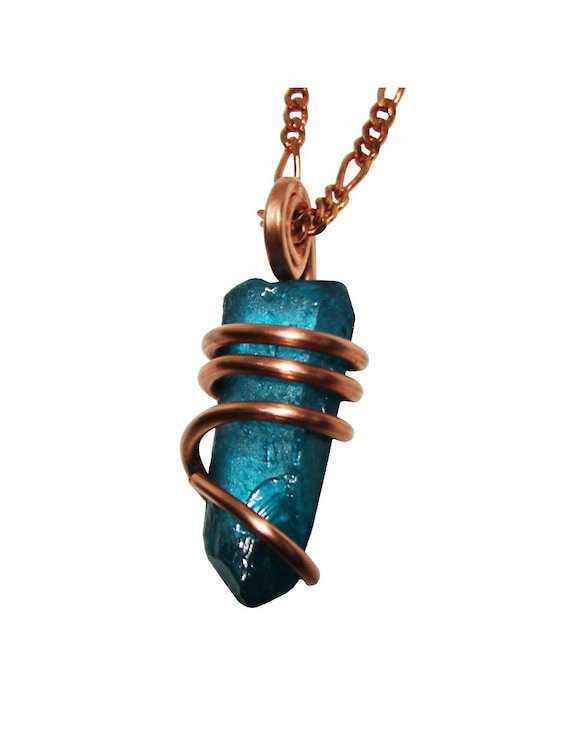 Rare INDIGO BLUE Aura Lemurian Seed Quartz Pendant Copper #100-102