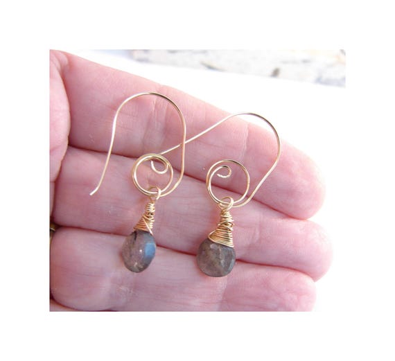 Natural Northern Lights Labradorite Earrings w/ Hand Forged Spiral Hoops, Gemstone Briolettes 14 Kt Gold
