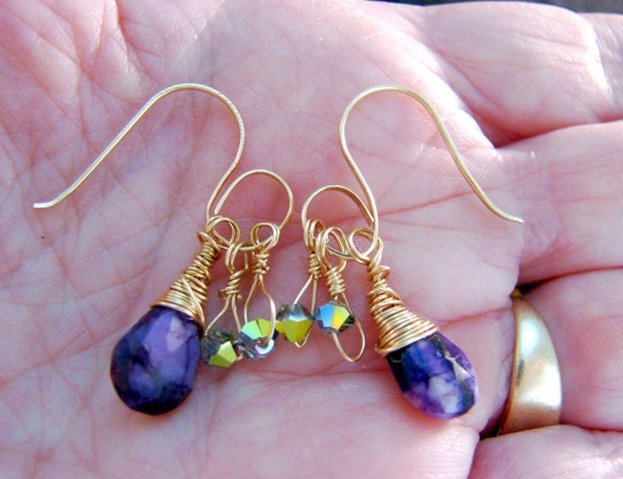 Natural Amethyst Earrings w/ Genuine Swarovski Crystals and Hand Forged Spiral Hoops, Gemstone Briolettes 14 Kt Gold