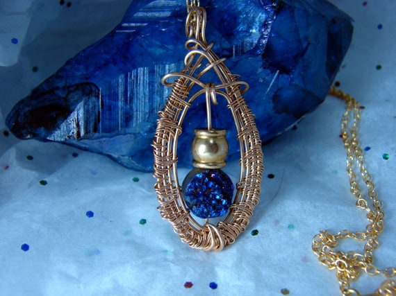 OAK Woven Ancient Bronze Cobalt Blue Druzy Drusy Pendant Hill Tribe Bead 16" Bronze Chain #1