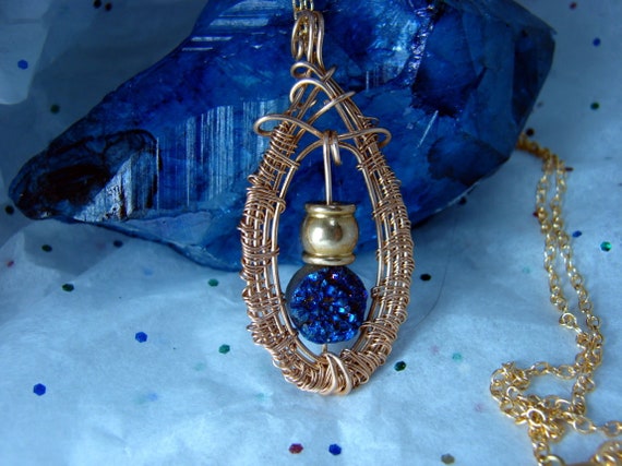 Woven Bronze Cobalt Blue Druzy Drusy Pendant Hill Tribe Bronze Chain Amulet Stone  Titanium Aura Quartz Necklace Good Luck Charm Talisman