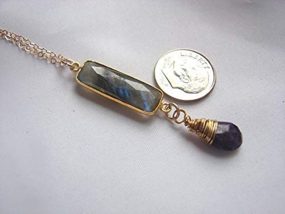 Gorgeous Yellow Gold Labradorite & Amethyst Pendant Gemstone