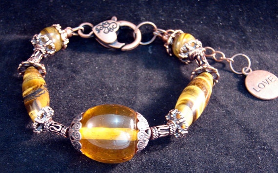 Love Charm Amber Bracelet beaded from Genuine Amber and Tiger's Eye Spirit Force