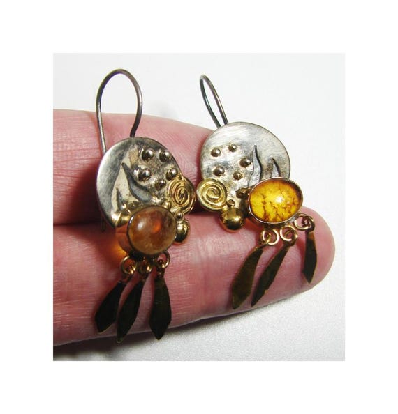 Collector's Vintage Silver Gold Gemstone Amber Shield Two Tone Earrings Women 925 Sterling Silver Estate Stamped 14kt?