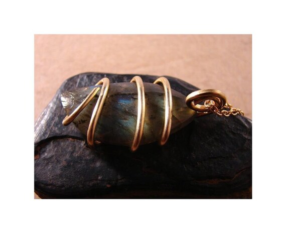 Large Labradorite Stone Pendant, Rainbow Labradorite Stone Necklace, Merlin's Gold Bronze Wire Wrapped Jewelry Northern Lights