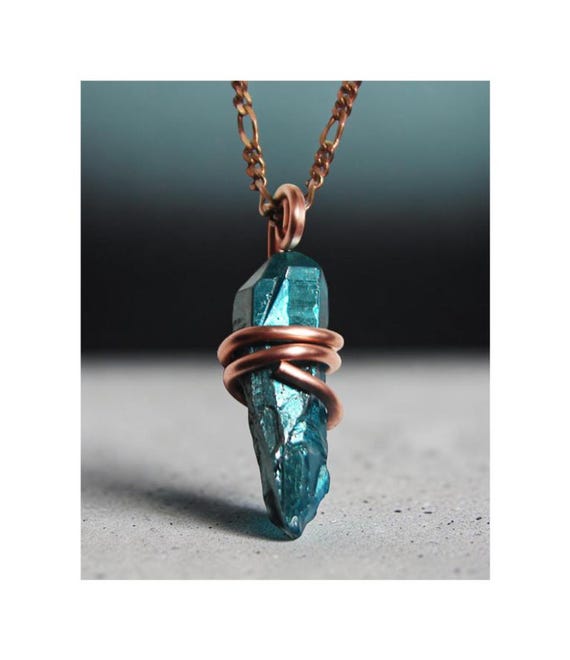 Rare INDIGO BLUE Aura Lemurian Seed Quartz Pendant Copper #40-42