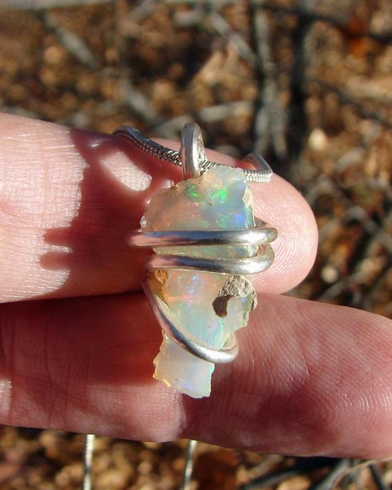 Ethiopian Opal Pendant Necklace, Sterling Raw Opal Necklace, October Birthstone, Rough Ethiopian Opal Pendant Good Luck Charm #70