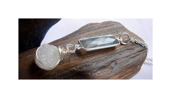 White Snow Labradorite Amulet Stone Aura Quartz Necklace Mystical Magical Talisman Drusy Druzy Esoteric Good Luck Charm Witchy Oracle