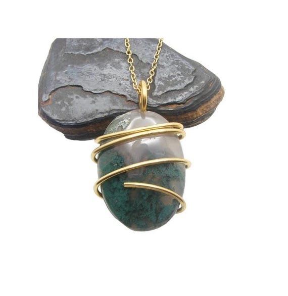 Moss Agate Crystal Pendant Necklace Bronze #10