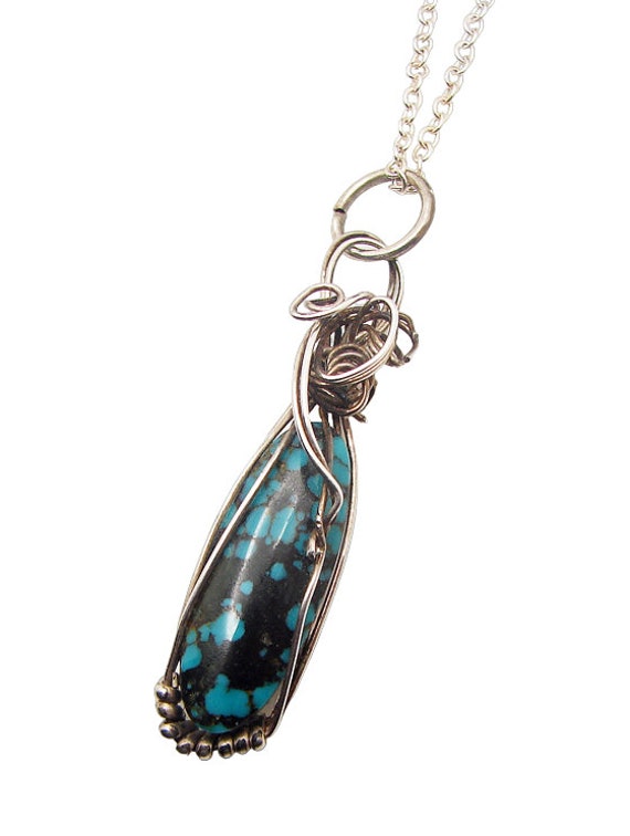 Gorgeous Hand Forged Natural Blue Turquoise Pendant Sterling Silver July1