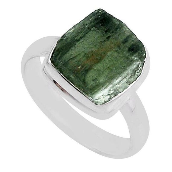 Natural Genuine Moldavite 4.61 carat 45mmx46mm Sterling Silver 925 RING Size 6