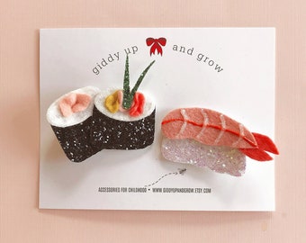 Pinces à cheveux en feutre de sushi, noeuds de queue de cochon, giddyupandgrow
