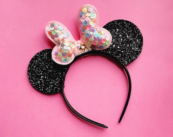 Minnie Mouse Ears Headband, Pink Bow with Sequins, giddyupandgrow