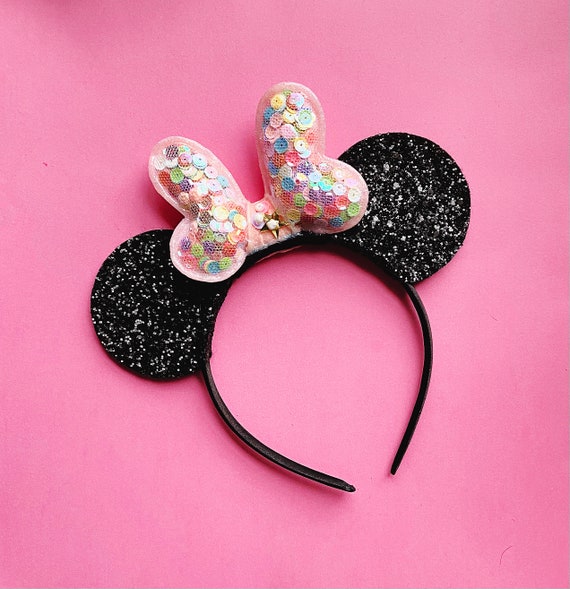 Poise3EHome Minnie Mouse Ears - Diadema para mujer, pinzas para el pelo de  orejas de ratón para niña, bandas elásticas con lazo de lentejuelas (orejas