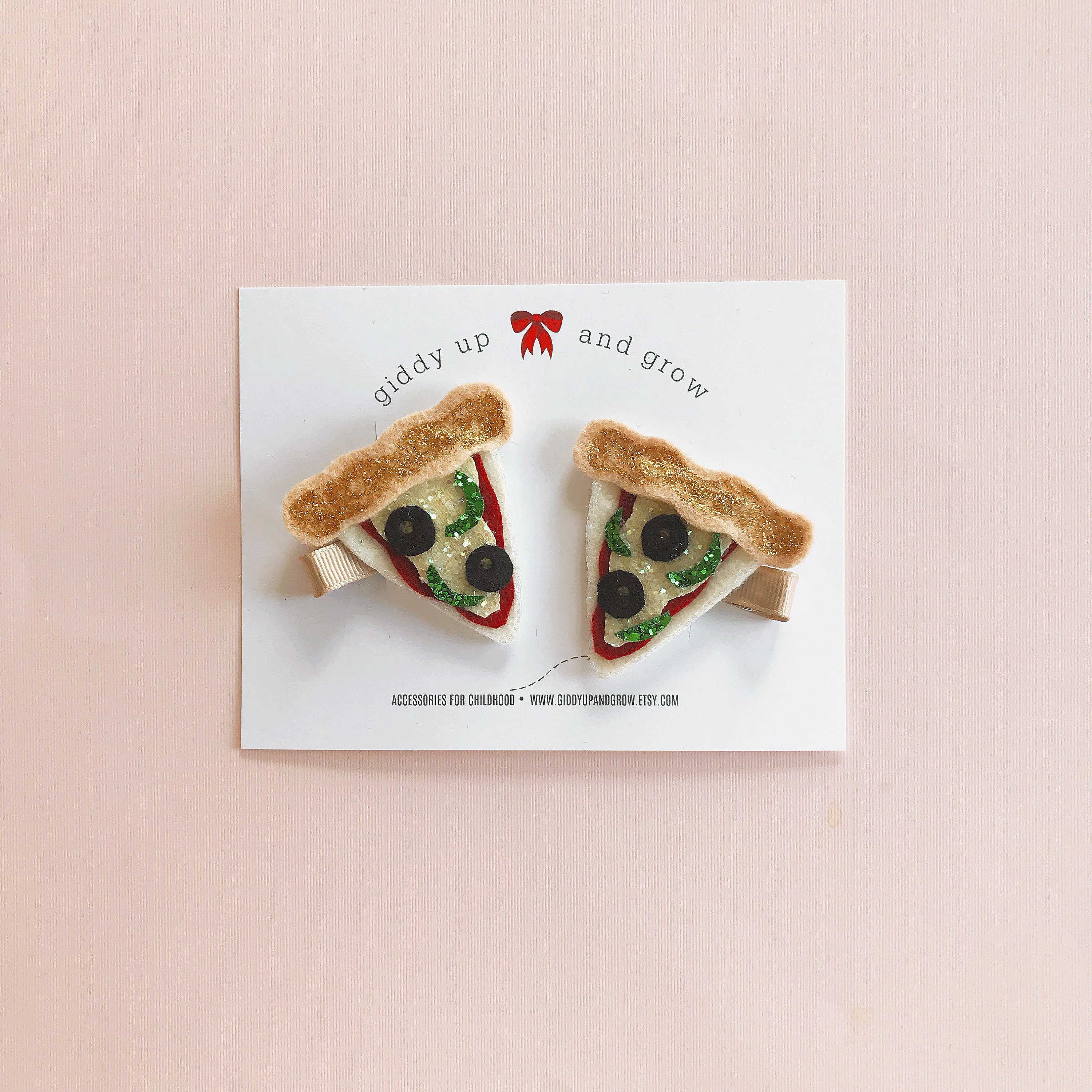 Pizza Felt Hair Clips, Pigtail Hairbows, giddyupandgrow