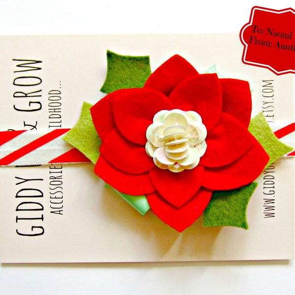 Felt Flower Headband - Poinsettia Headband with Candy Cane Elastic, Christmas