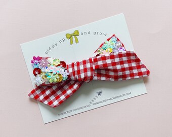 Sequin Bow In Red Gingham Print, July 4th, giddyupandgrow