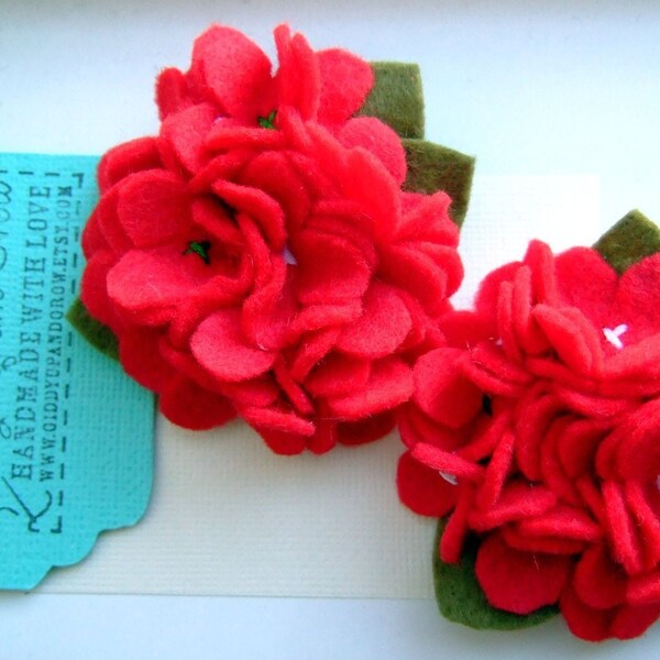 Red Holiday Hydrangea Felt Hair Clips with hand sewn centers