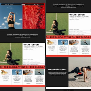 May include: A website homepage for a personal trainer. The website features a black and white color scheme with red accents. The website includes a photo of a woman working out, a photo of a watermelon, and text that says "What I Offer" and "On the Blog Latest on the Blog Latest".