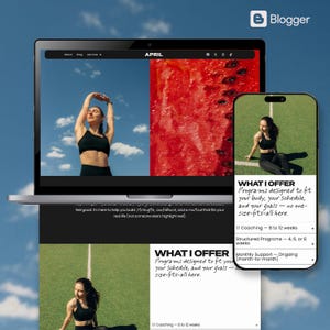 May include: A laptop computer screen displaying a website with the text "APRIL" and a photo of a woman stretching. The website text reads "WHAT I OFFER Programs designed to fit your body, your schedule, and your goals - no one-size-fits-all here." The website also lists different coaching programs and their durations.