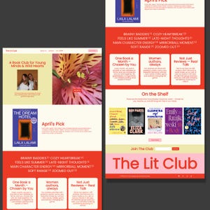 May include: The Lit Club website homepage features a red and yellow color scheme with a book club theme. The website includes a section for April's Pick, a book club for young minds and wild hearts, and a section for women authors. The website also includes a section for book reviews and a section for books on the shelf.