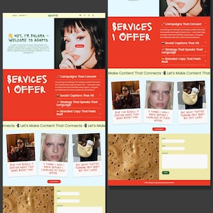 May include: A website design with a red and light blue color scheme. The page includes the text "SERVICES I OFFER" and "Campaigns That Convert." There are also images and text boxes with the text "STOP THE SCROLL: 7 CAPTION HOOKS THAT WORK EVERY TIME."