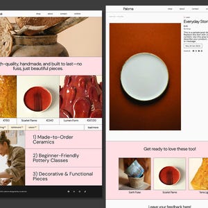 May include: A collection of handmade ceramic pieces in various colors and shapes, including a yellow vase, a red bowl, and a red and orange vase. The text "High-quality, handmade, and built to last-no fuss, just beautiful pieces." is displayed above the image.