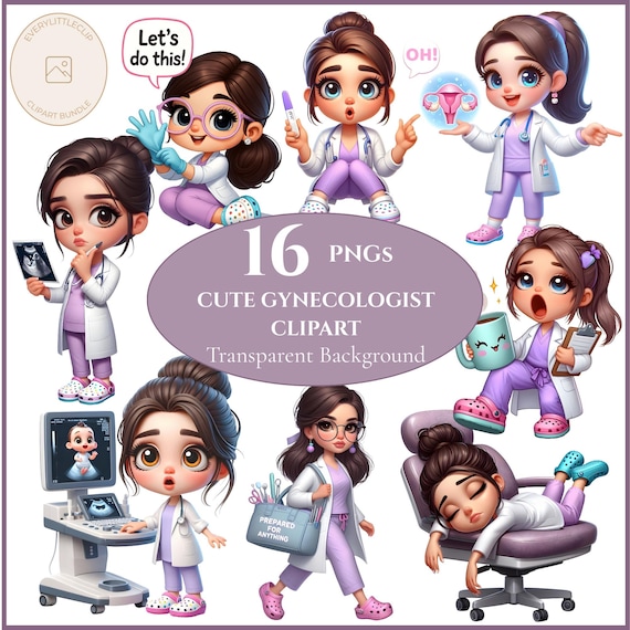 Cute Gynecologist Clipart Set: Funny OBGYN Doctor PNGs, Medical Characters, Doctor Clipart, Girl Doctor Clipart for Stickers, Cards and more