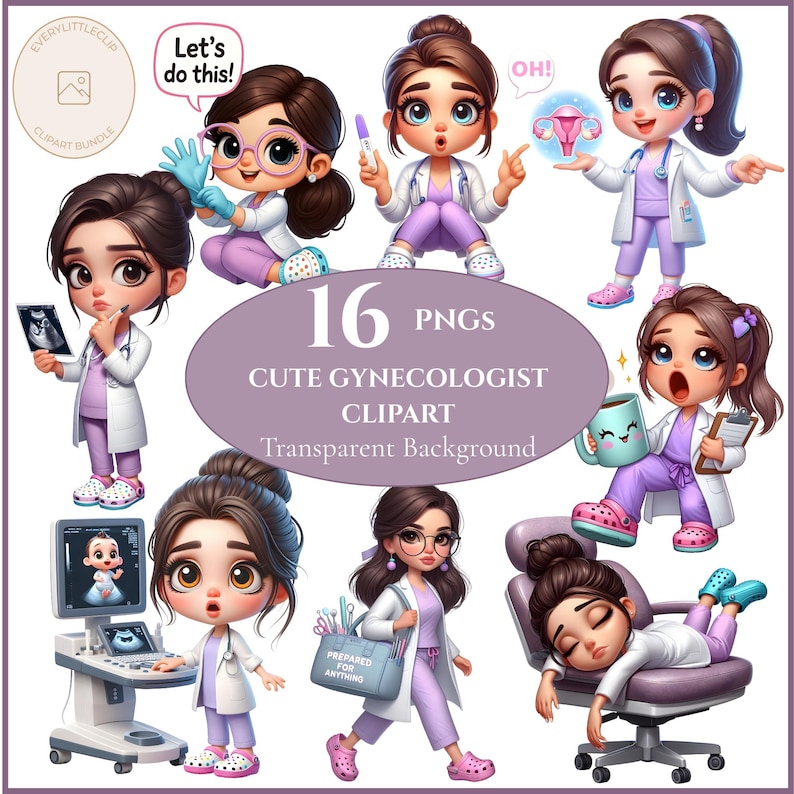 Cute gynecologist clipart set featuring funny OBGYN doctors, medical characters, and girl doctor PNGs. Perfect for stickers, cards, planners, and scrapbooking projects.