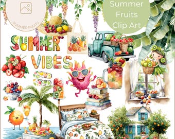 Paquete de imágenes prediseñadas de acuarela de verano, imágenes prediseñadas de frutas de verano, vacaciones de verano, imágenes prediseñadas divertidas, diario basura, pegatinas digitales, uso comercial